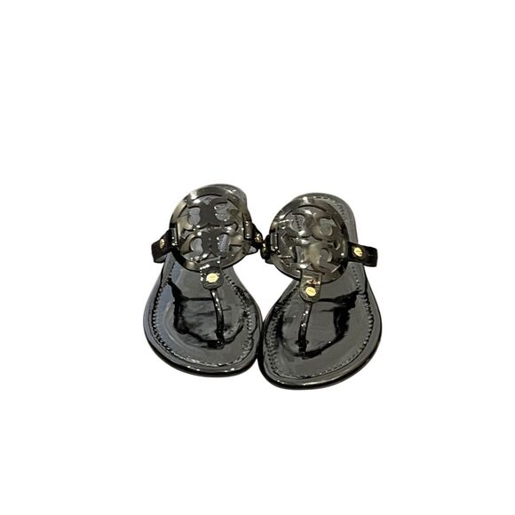 SZ 9 Tory Burch Miller Patent Logo Embellished Sandals Flip Flops in Bla… - Picture 2 of 13